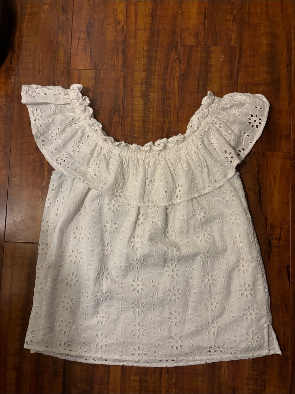 Elan White Eyelet Off-Shoulder Ruffle Top